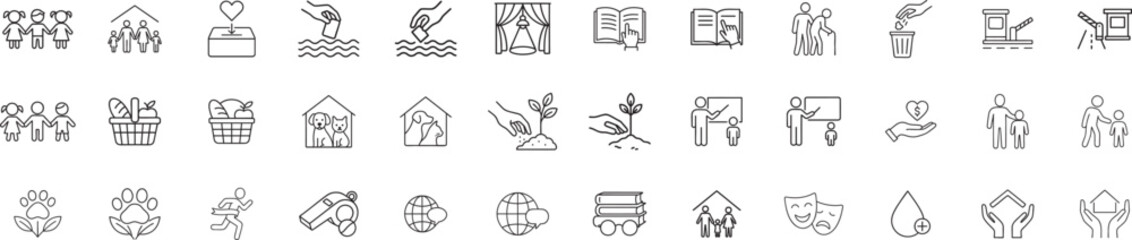 Volunteer Activity Thin Line Icon Set – Charity, Community Service, Donation, Education, Health, Environment, Minimal Vector Collection.