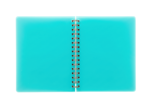 Isolated open blue notebook with metal spiral binder, blank pages for notes or drawing - Powered by Adobe
