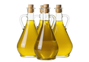 Isolated Glass Bottles of Fresh Olive Oil with Corks against a Bright Studio Background