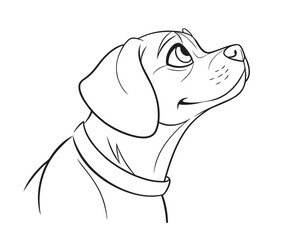 Line art illustration of a hopeful dog looking up with a collar pet portrait outline simple drawing isolated on white background vector cartoon style