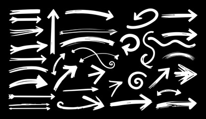 Hand-drawn sketch arrows set: doodle brush stroke pointers, swirls, and directions for design