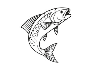 Dynamic black and white line art illustration of a leaping fish depicting strength agility and a vibrant aquatic ecosystem suitable for various design projects