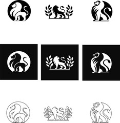 Stylish lion vector icon pack in multiple styles, ideal for sports logos, eco branding, and luxury product packaging.