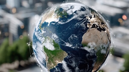 Digital globe representation showcasing earth's continents and oceans with a network overlay and cityscape in the background during daylight hours