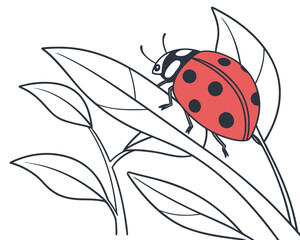 Cute Ladybug on Leaves Illustration for Childrens Book and Educational Material Red and Black Beetle Cartoon Style