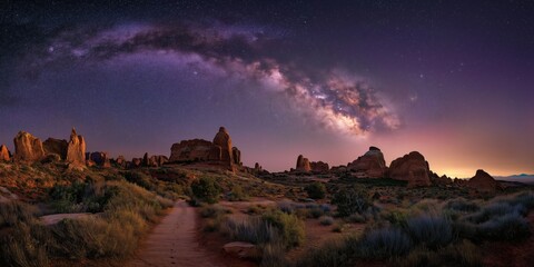 Desert Landscape Illuminated by the Milky Way Galaxy at Night