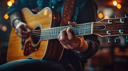 Fototapeta premium Someone is playing a guitar in a dark room with lights