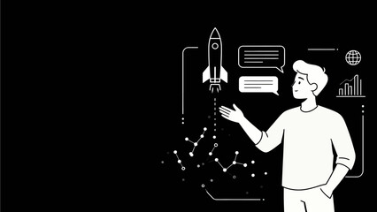 Man presenting rocket and data icons