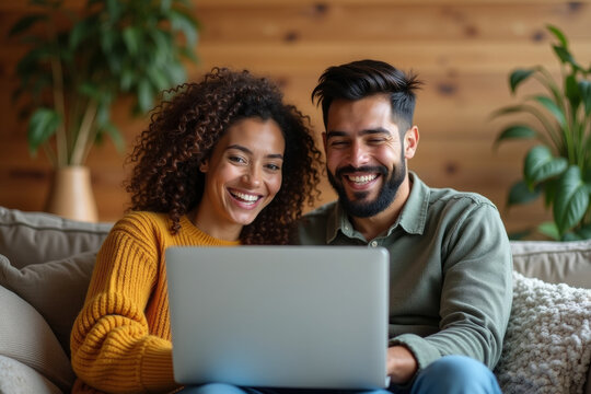 Portrait of a young happy smiling couple using laptop together and sitting on sofa at home. Wireless technology computer concept. Coffee shop. AI