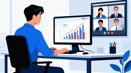 Man working at desk with video call and charts