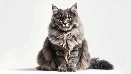 Regal Maine Coon cat with long gray-black fur and golden eyes, posed upright against a white background—highlighting elegance, texture, and breed distinction.