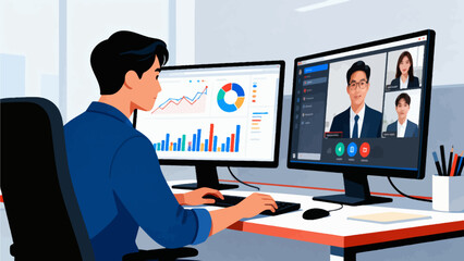 Man working at desk with dual monitors