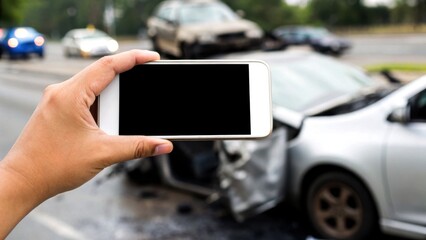 Car accident and insurance claim by mobile camera concept. A person captures a photo of a car accident scene with a smartphone.