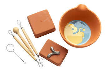 Isolated ceramic pottery tools and clay blocks, artistic craftsmanship items, ready for modeling