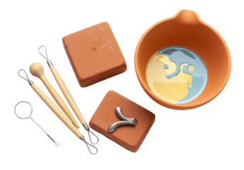 Isolated ceramic pottery tools and clay blocks, artistic craftsmanship items, ready for modeling