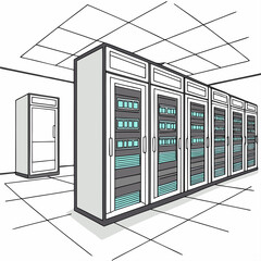 Illustration of a server room depicts data center, cybersecurity, and cloud computing in a modern and minimalist style perspective view