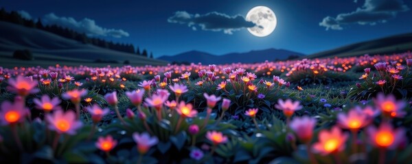 Serene moonlit meadow, luminous flowers glowing softly in the night, magical ambiance, ethereal beauty, stock photo, flora
