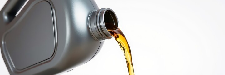 Silver plastic canister pouring motor oil, isolated on white background, maintenance, white background