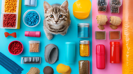 Cute kitten surrounded by pet supplies isolated on white background