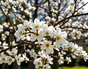 Fototapeta premium A close up of branches adorned with white flowers, possibly almond blossoms, against a soft blurred background.