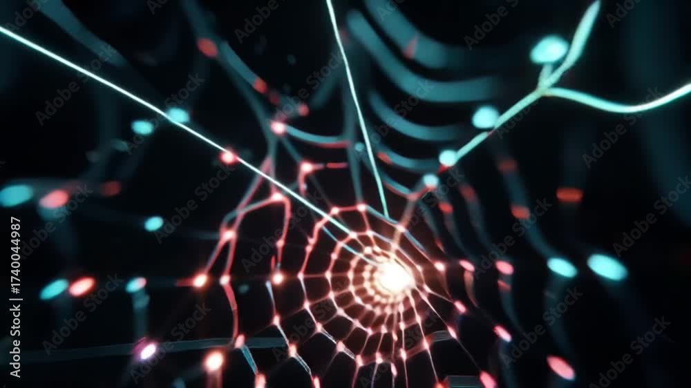 Wall mural Abstract network of glowing lines and dots in a dark space.