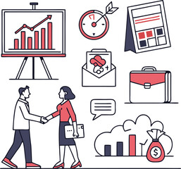 Vector icon set illustration of business people, charts, and data infographic