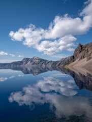 Mountain range reflected in clear lake under a cloudy blue sky.
