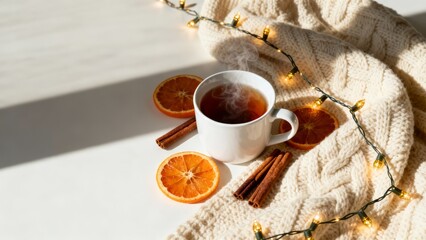 A steaming cup of tea sits on a white table, surrounded by orange slices and cinnamon sticks. A cozy knit blanket and soft string lights add warmth to the scene. Copy space in the left