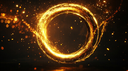 Glowing sci-fi energy portal. Golden circular ring with sparks on black background. Perfect for teleport effects, space designs, futuristic technology, and fantasy overlays --chaos 15 --ar 9:16 --styl