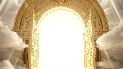 Golden gates of paradise open to white clouds, entrance to everlasting happiness - Powered by Adobe