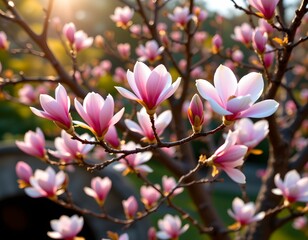 A beautiful tree adorned with blossoms in full bloom, set against a serene backdrop of a garden