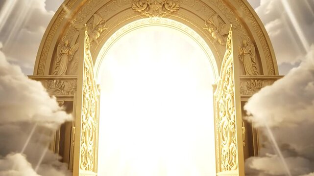 Golden gates of paradise open to white clouds, entrance to everlasting happiness
