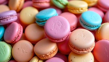 Obraz premium A large assortment of macarons with varied colors displayed in an appealing manner.