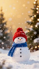 Cute snowman wearing a red hat and blue scarf stands in a snowy landscape with Christmas trees and falling snowflakes