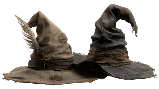 Mystical wizarding hats ready for a magical adventure, perfect for Halloween, cosplay, or fantastical storytelling, conjure up imagination with these vintage props
