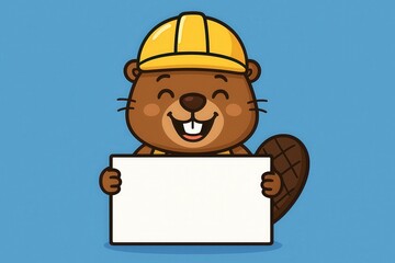 Smiling Beaver Builder Character in Yellow Hard Hat with Empty White Board for Text, Blue Backdrop Concept Illustration, Generative AI
