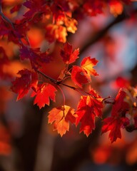 Brilliant red leaves shine in the autumn sunlight, vivid and bright.