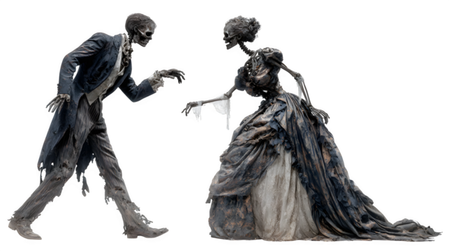 Elegantly decaying undead couple reach out, a haunting and eerie romance perfect for gothic horror, Halloween, or macabre themed designs and events