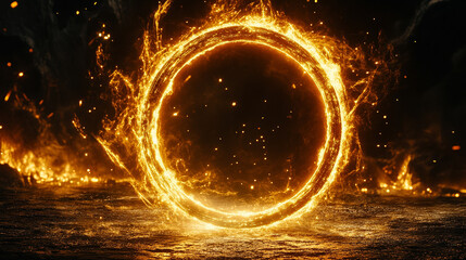 Glowing sci-fi energy portal. Golden circular ring with sparks on black background. Perfect for teleport effects, space designs, futuristic technology, and fantasy overlays --chaos 15 --ar 9:16 --styl