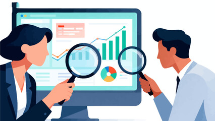 Two people examining data charts with magnifying glasses