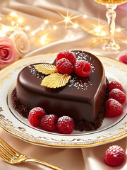 heart shaped chocolate cake with raspberries