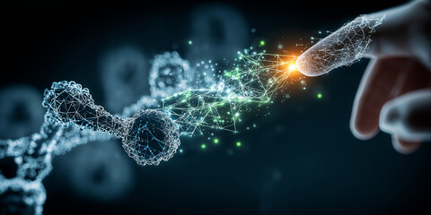 Digital representation of human finger touching glowing network of interconnected nodes, symbolizing fusion of technology and biology. scene conveys innovation and connectivity
