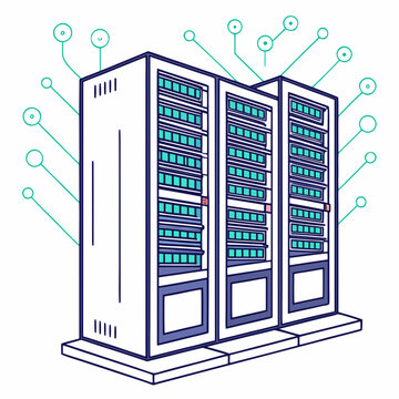 Modern data center servers connected with digital network lines representing cloud computing and technology infrastructure