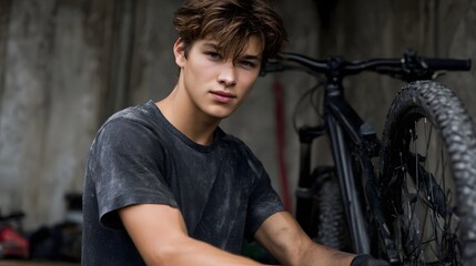 Teenage boy repairing his bicycle in the garage