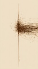 A vertical brown line bisects an off-white space. From the line, a dark, chaotic burst of strokes emanates to the right. Some lines curve.