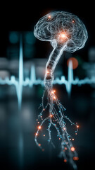 Digital representation of human brain and spinal cord with glowing neural connections, set against background of heartbeat waveform, symbolizing intersection of technology and medicine