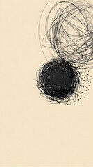 A black, scribbled sphere and wisps float against a neutral, beige background. Smaller dots appear near the primary, darker shape. Two distinct forms.