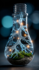 Light bulb with glowing neural network patterns and moss inside symbolizes innovation and sustainable energy. intricate design evokes sense of futuristic technology and environmental harmony