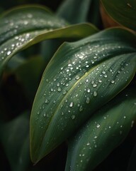Water droplets adorn the lush green leaves, a refreshing nature scene.