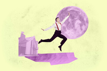 Zine 3d poster art collage of happy girl guy stand space galaxy moon planet cosmos discovery...